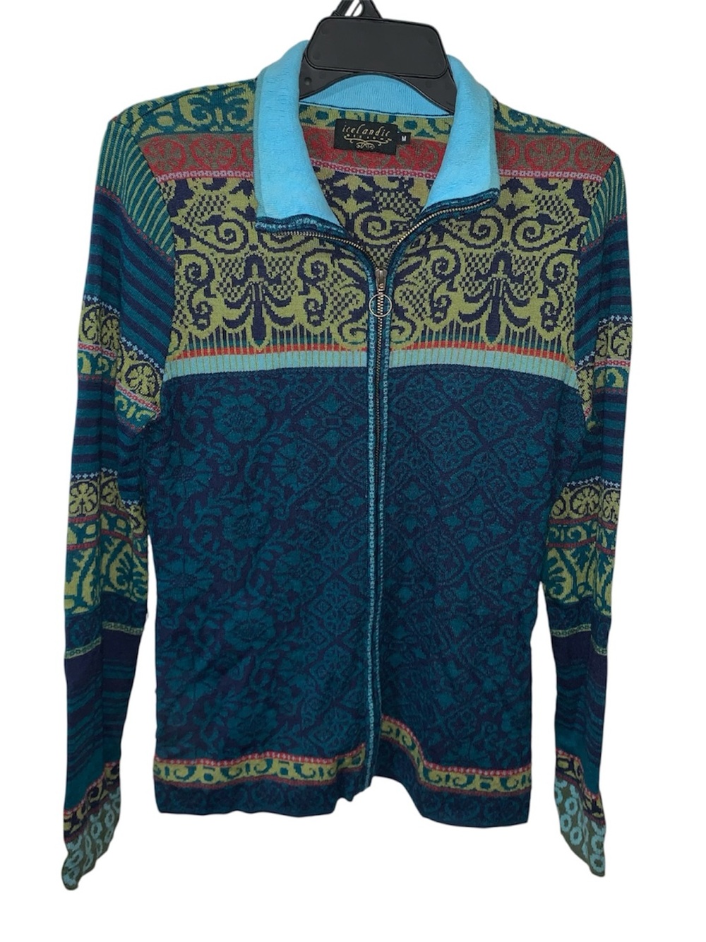 Islandic Design Patterned Zip-Front Knit Cardigan in Teal and Aqua